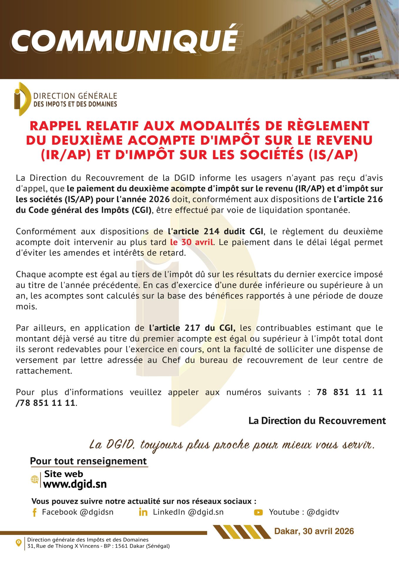 Rappel relatif aux modalités de règlement du deuxième acompte IR/IS