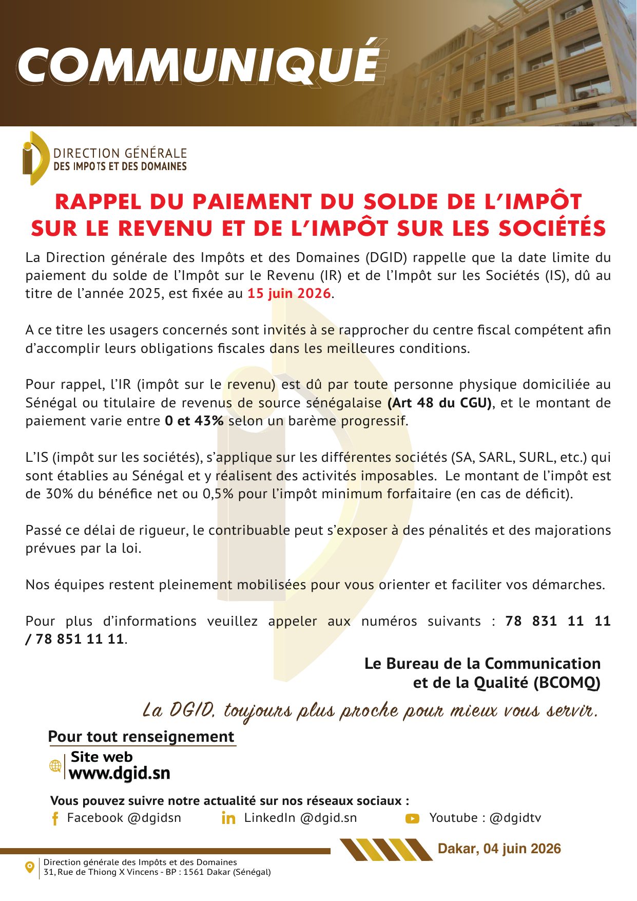 Communiqué DGID : rappel du paiement du solde de l'impôt sur le revenu (IR) et de l'impôt sur les sociétés (IS) avant le 15 juin 2026