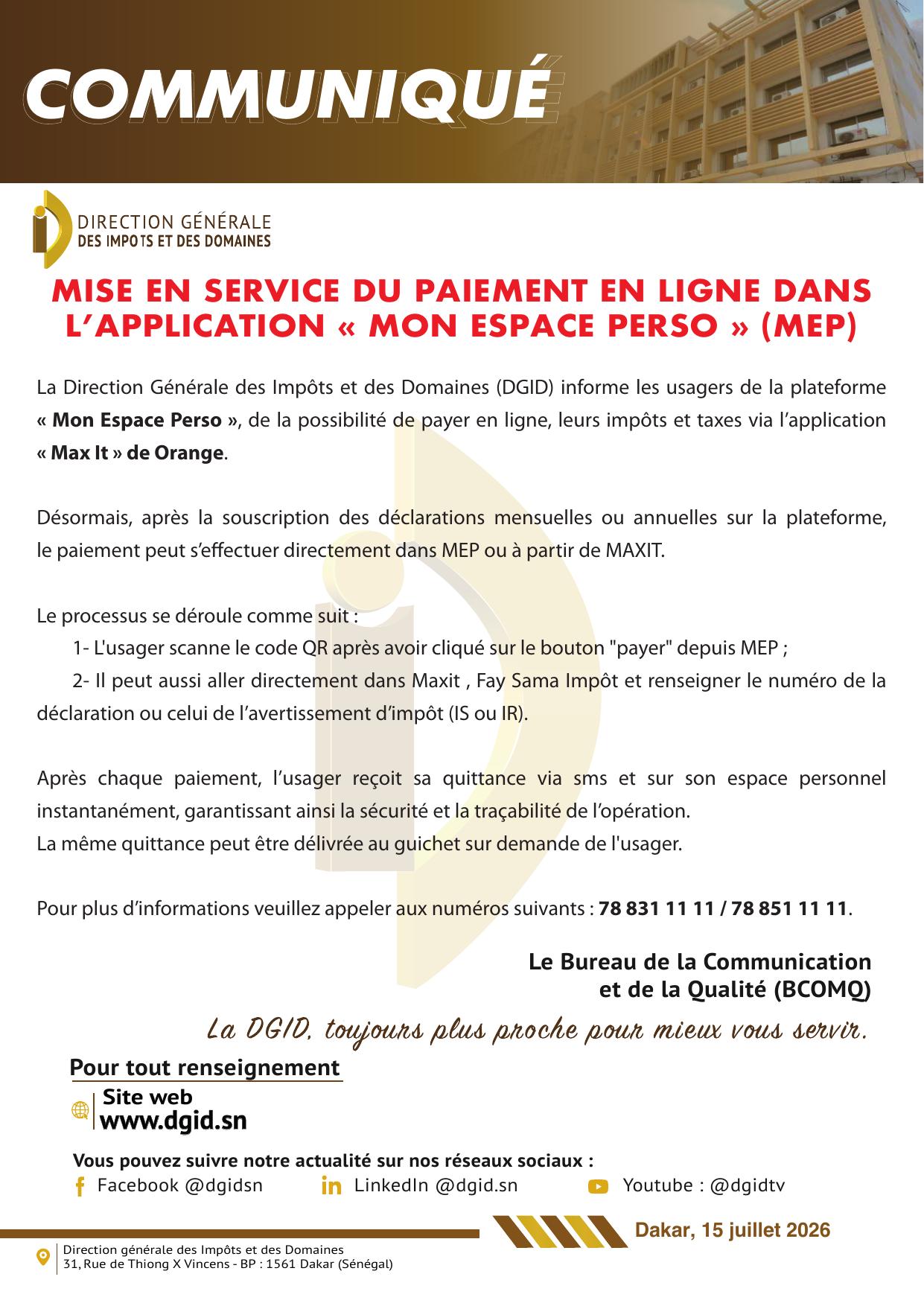 Communiqué DGID – Mise en service du paiement en ligne dans Mon Espace Perso (MEP)