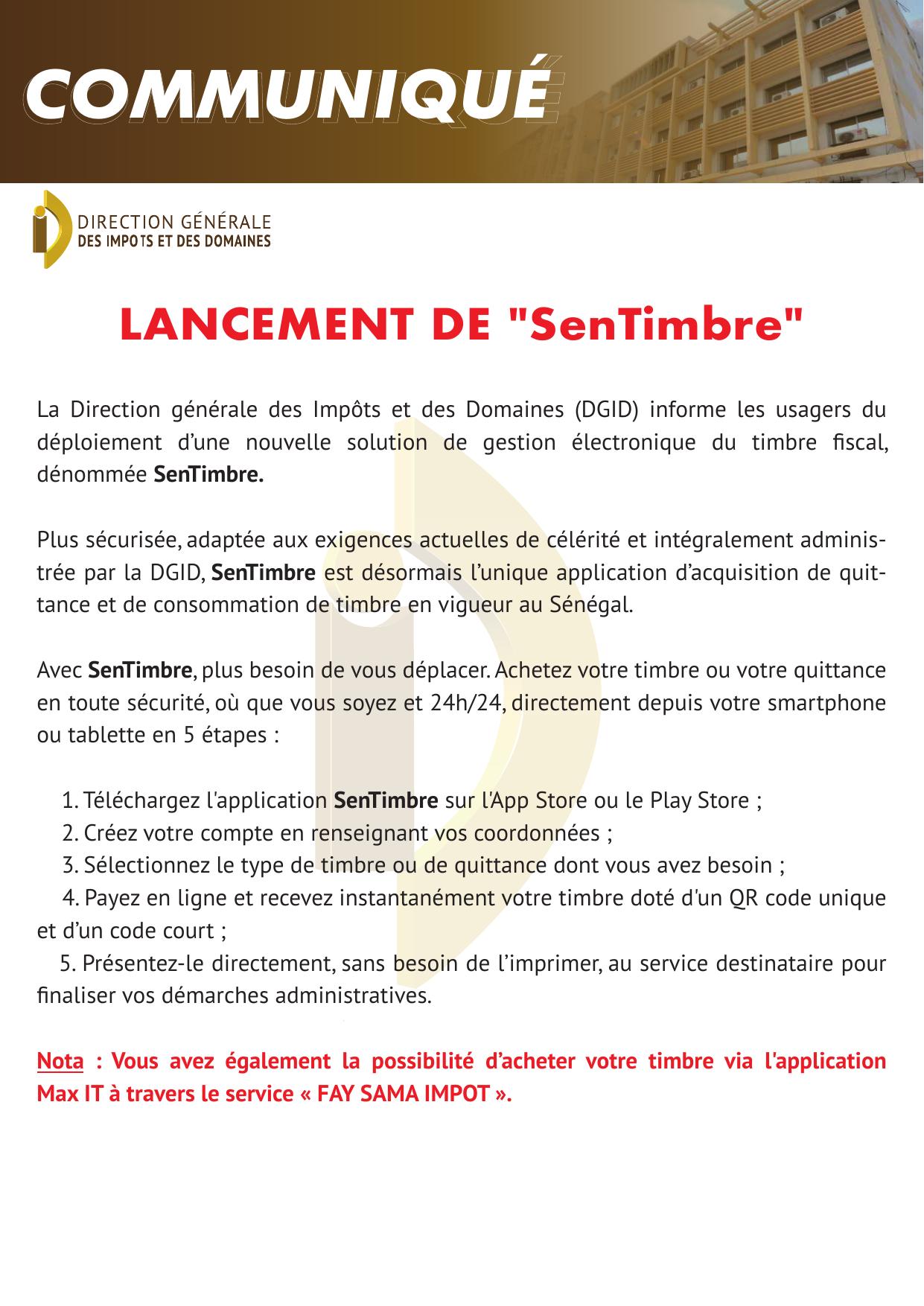Communiqué DGID – Lancement de SenTimbre