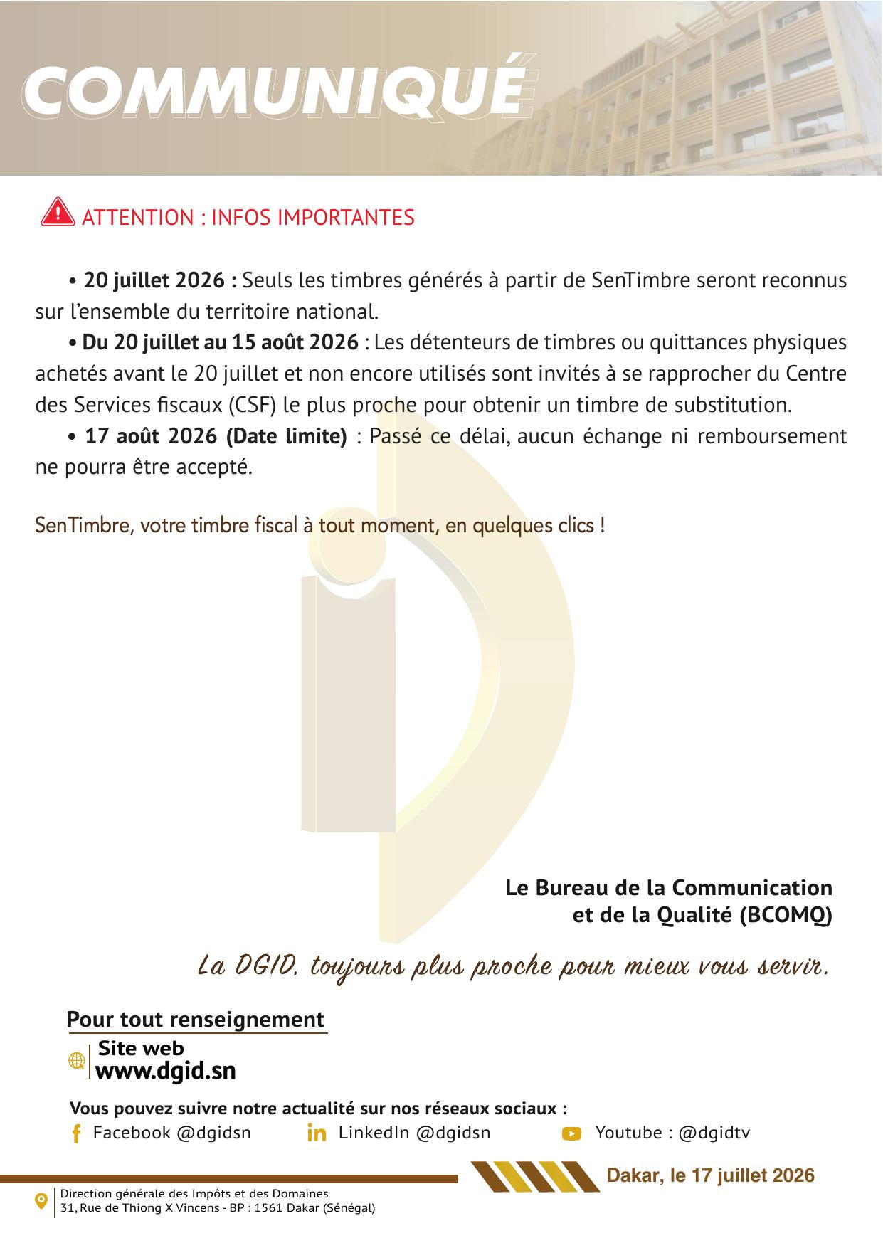 Communiqué DGID – SenTimbre : informations et dates importantes